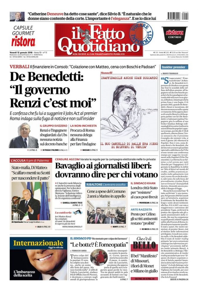 Copertina di venerdì 12 gennaio 2018