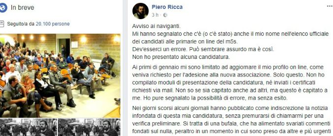 Parlamentarie M5s, il caso Piero Ricca: “Io nell’elenco ufficiale dei candidati a mia insaputa”