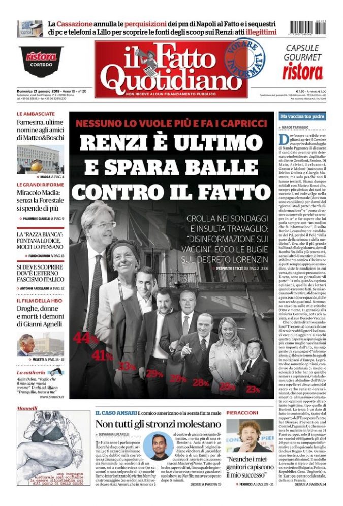 Copertina di domenica 21 gennaio 2018