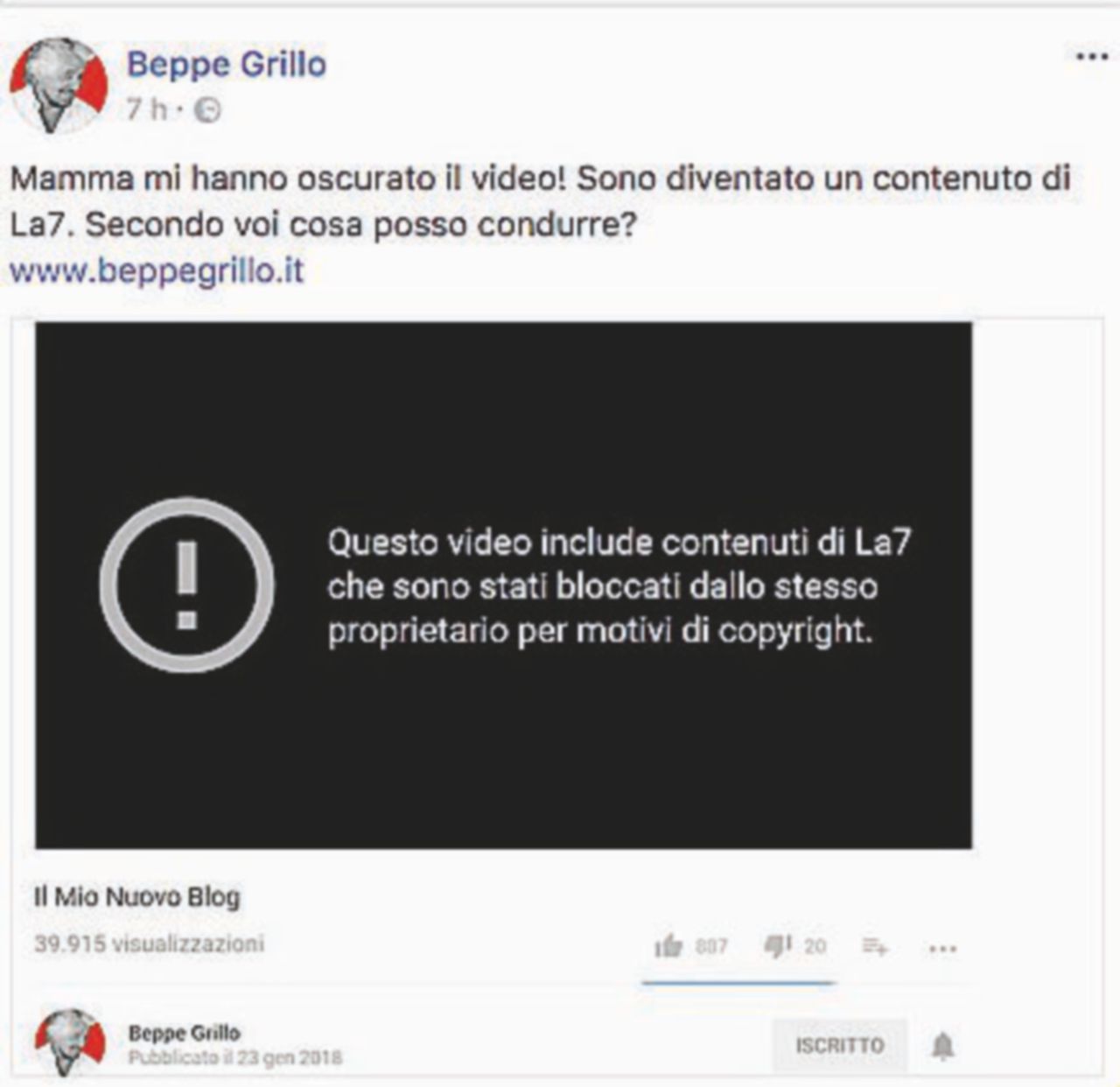 E Youtube blocca il video a Beppe: “Contenuti di proprietà di La7”