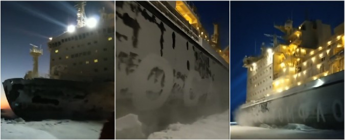 Copertina di Russia, la rompighiaccio nucleare passa a pochi metri dai camion degli esploratori. Lo spettacolo è impressionante