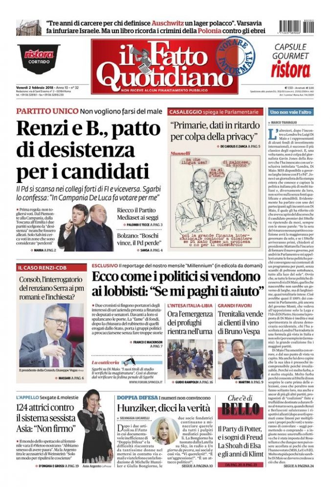 Copertina de Il Fatto Quotidiano di Ven 2 Febbraio 2018