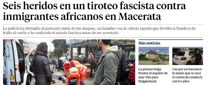 Copertina di Macerata, spara agli immigrati dall’auto: la notizia anche sui principali media stranieri. In Spagna: “Sparatoria fascista”