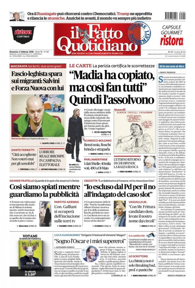 Copertina di domenica 4 febbraio 2018