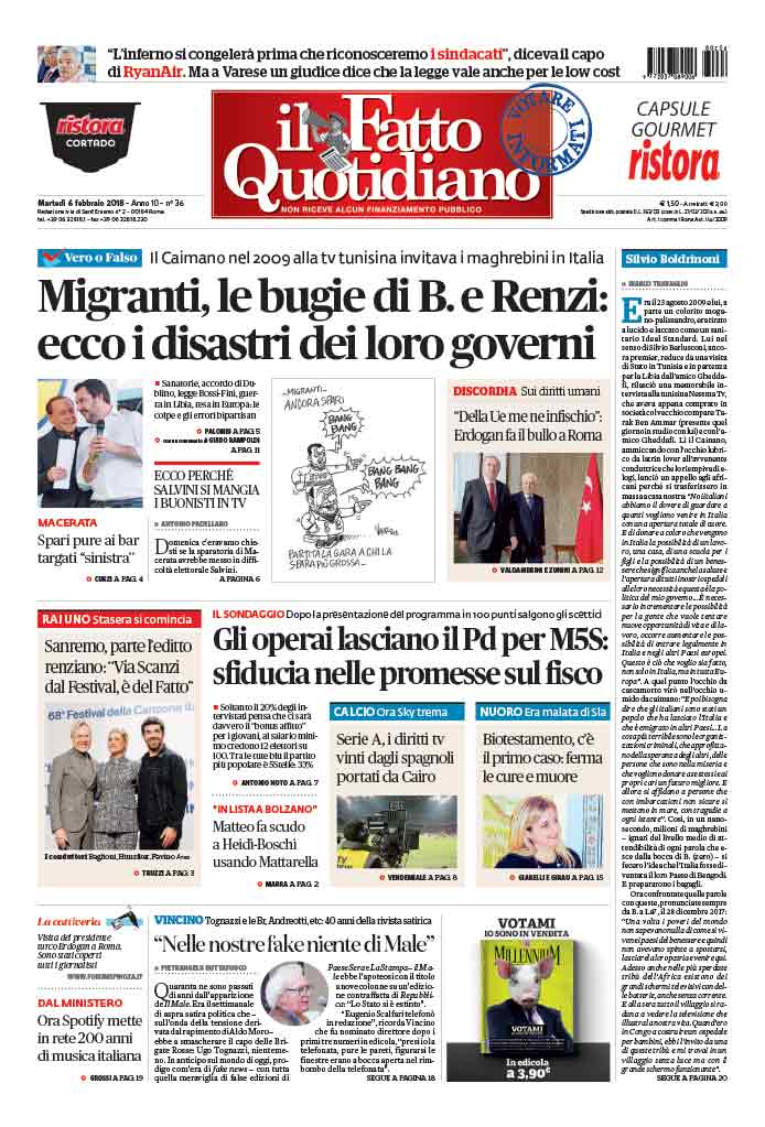 Prima Pagina Il Fatto Quotidiano - Migranti, le bugie di B. e Renzi: ecco i disastri dei loro governi