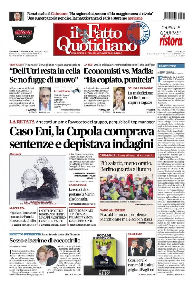 Copertina di mercoledì 7 febbraio 2018