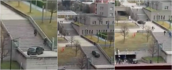 Copertina di Lecco, con la macchina sulla scalinata dell’ospedale. Caccia all’automobilista “inchiodato” dal video