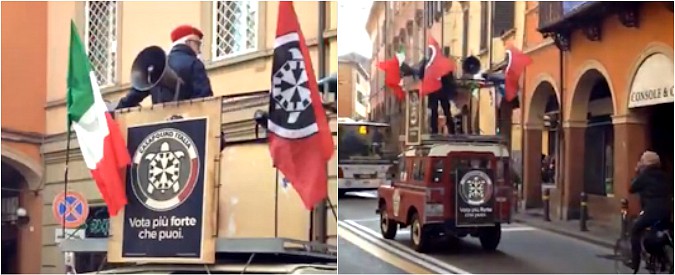 Copertina di Elezioni, il surreale comizio del candidato di Casapound a Bologna: lo segue solo un ciclista (che però lo insulta)