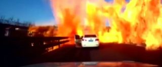Copertina di Dopo l’incidente l’esplosione è improvvisa: l’auto viene circondata dalle fiamme. Il panico della bambina