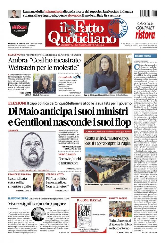 Copertina di mercoledì 28 febbraio 2018