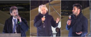Copertina di Elezioni, sul palco M5S Casaleggio, Grillo e Di Battista: “Votare il Pd è votare Berlusconi”.”Partiti sciolti come diarrea”
