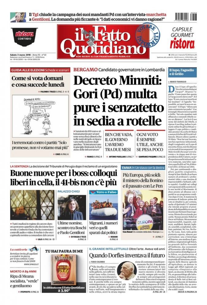 Copertina de Il Fatto Quotidiano di Sab 3 Marzo 2018