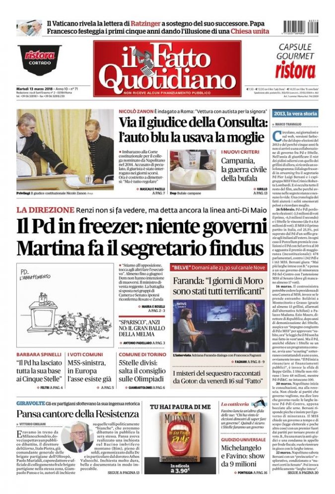 Copertina di martedì 13 marzo 2018