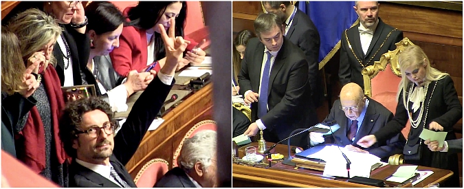 Copertina di M5s interrompono Napolitano, non si trattengono alla notizia dell’elezione di Fico alla Camera. Abbracci e commozione