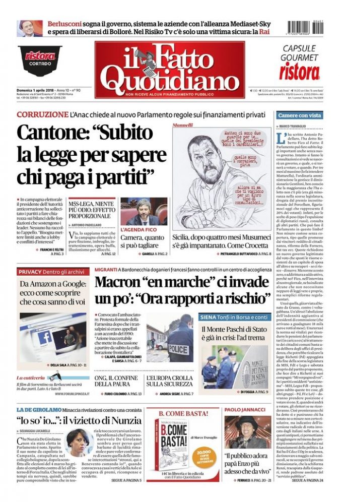 Copertina di domenica 1 aprile 2018