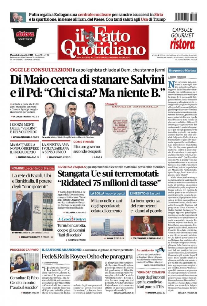Copertina de Il Fatto Quotidiano di Mer 4 Aprile 2018