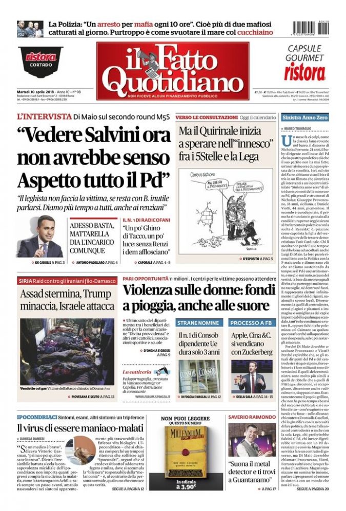 Copertina di martedì 10 aprile 2018