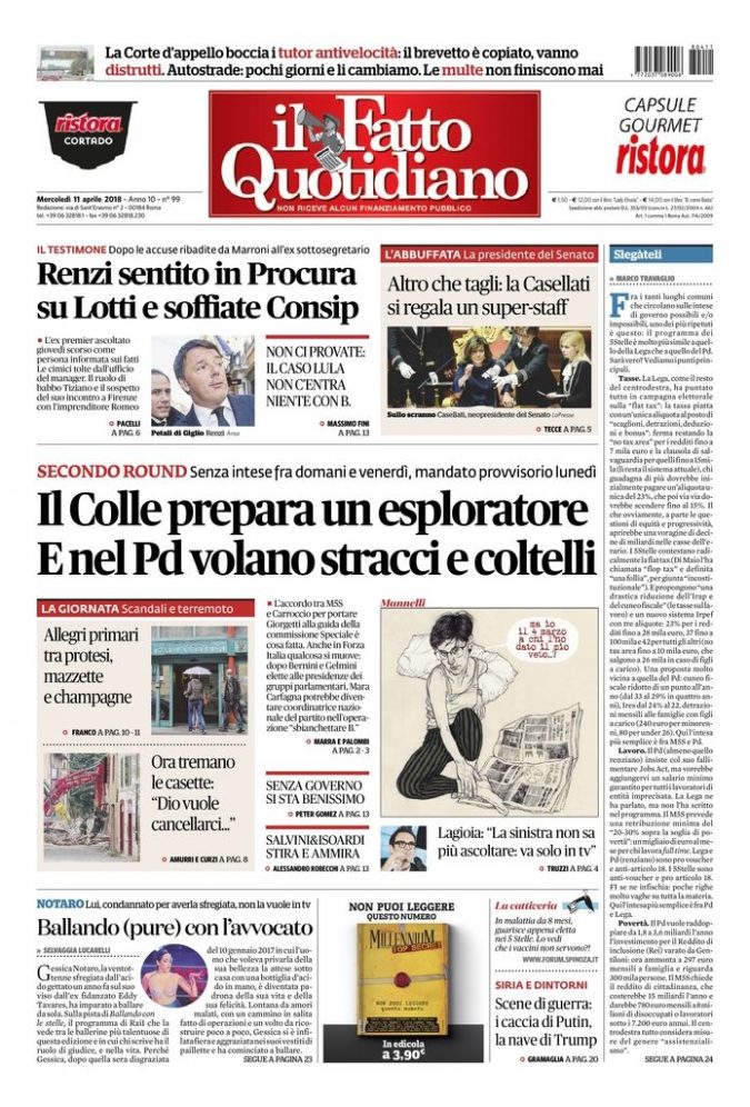 Copertina di mercoledì 11 aprile 2018