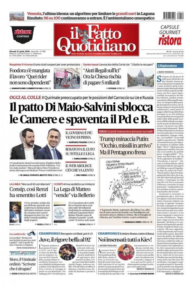 Copertina di giovedì 12 aprile 2018