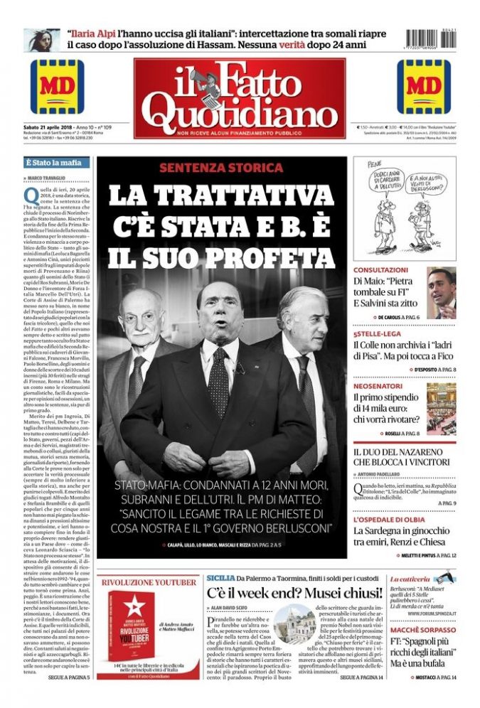 Copertina di sabato 21 aprile 2018