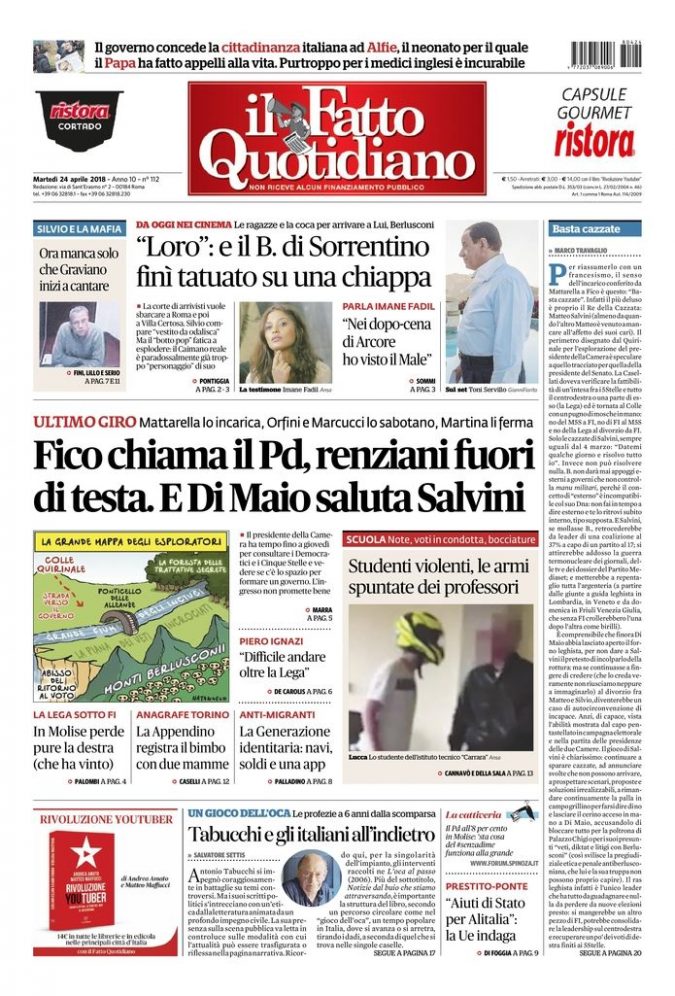 Copertina di martedì 24 aprile 2018