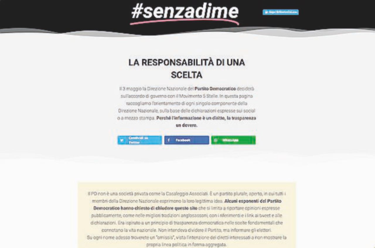 La home page del sito senzadime.it, creato da Alberico De Luca Omissis, misteri e presunti mandanti: la grande caccia alle liste di senzadime.it
