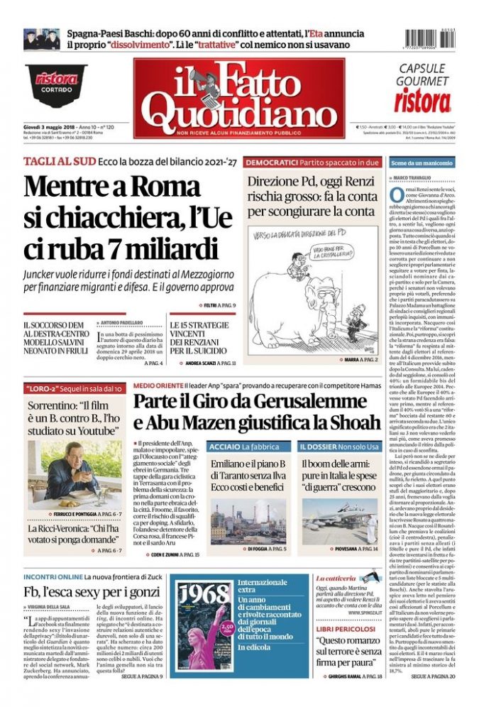 Copertina di giovedì 3 maggio 2018