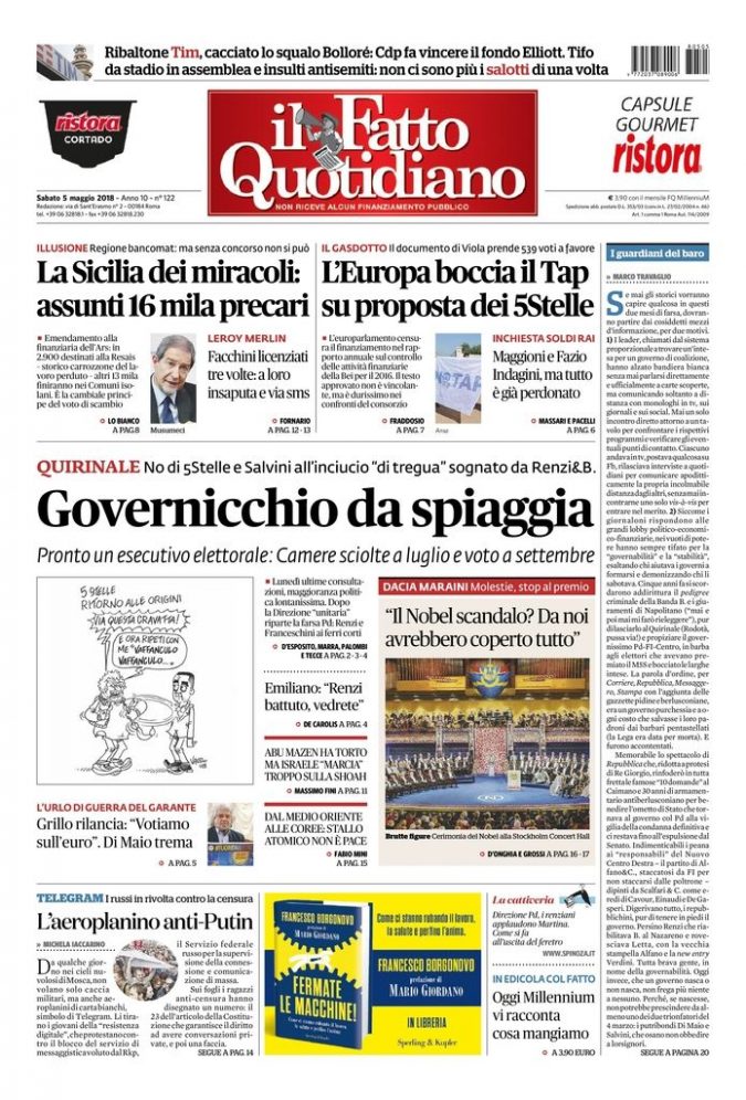 Copertina de Il Fatto Quotidiano di Sab 5 Maggio 2018