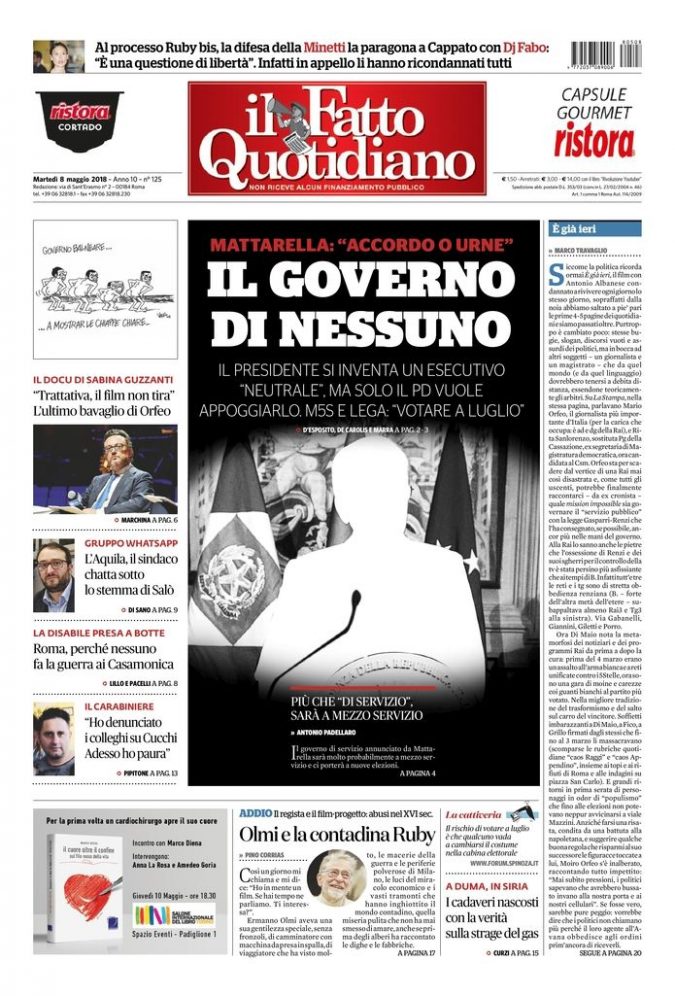 Copertina di martedì 8 maggio 2018