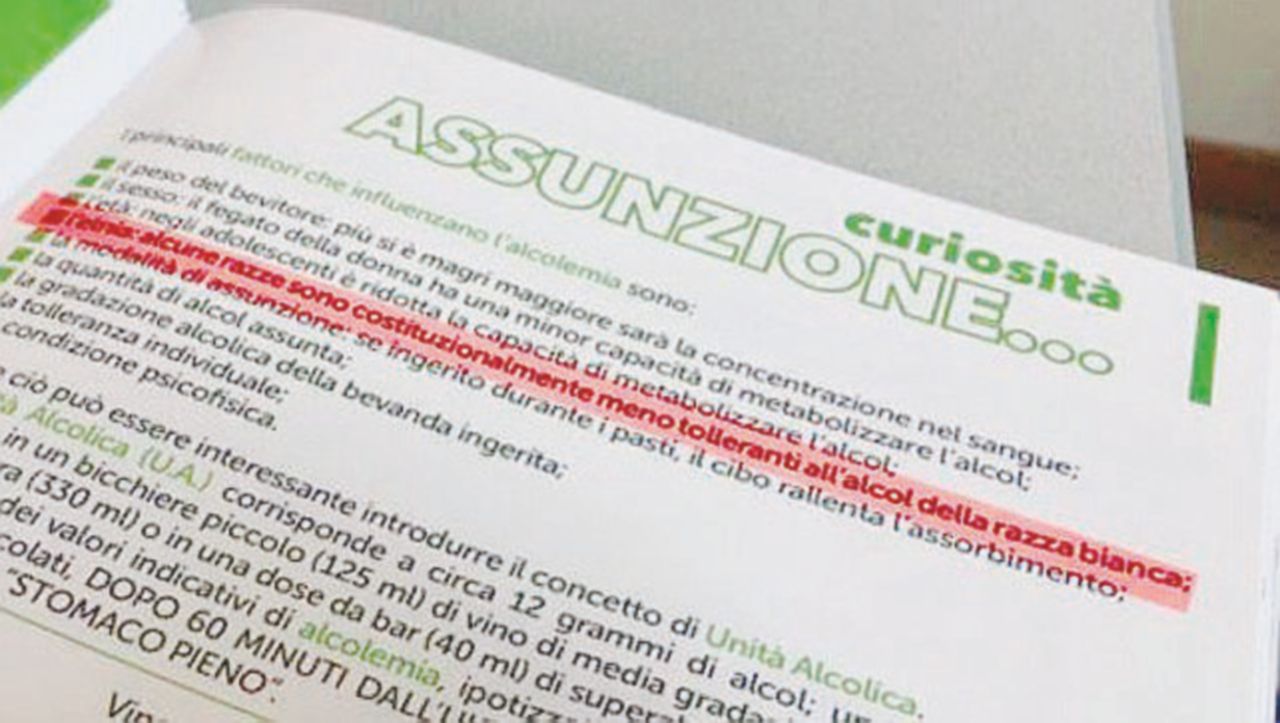 A fianco, il testo in cui si parla di “razze” meno tolleranti all’alcol A Treviglio l’alcol è questione di “razza”