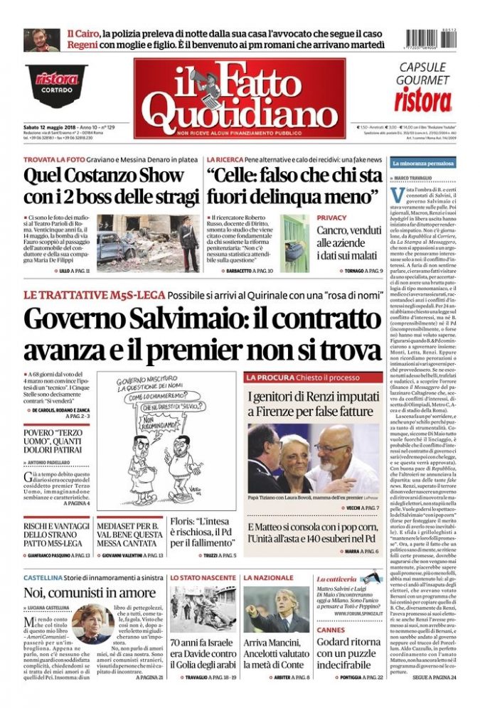 Copertina di sabato 12 maggio 2018