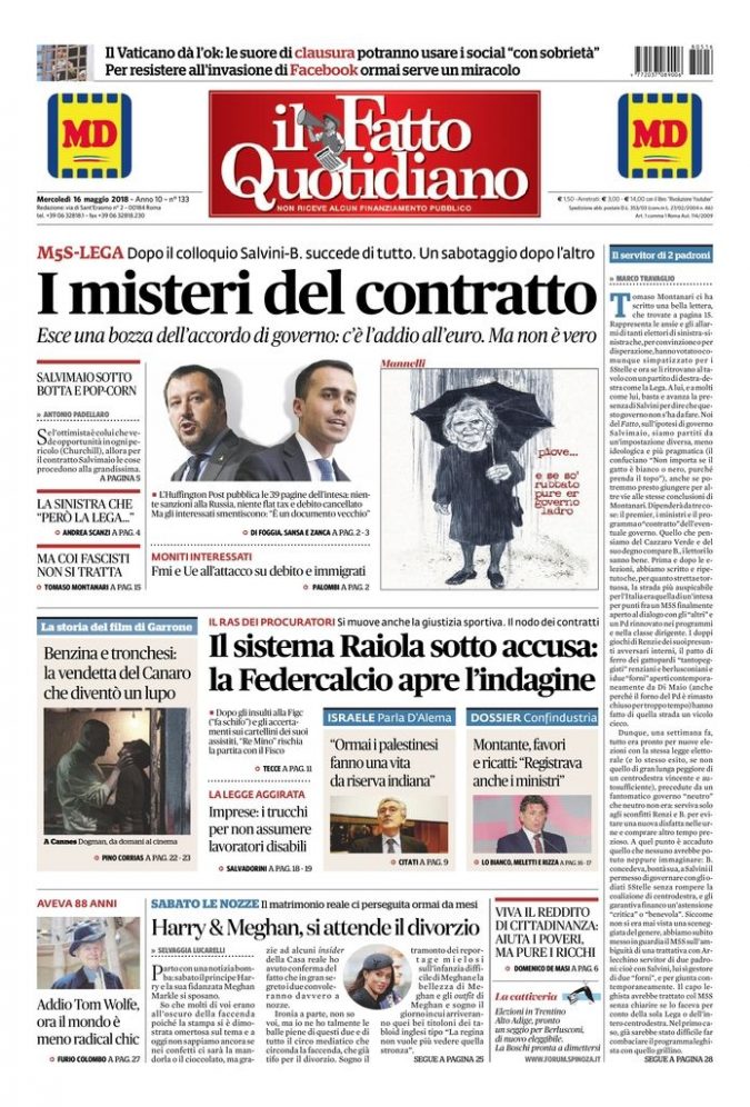 Copertina di mercoledì 16 maggio 2018