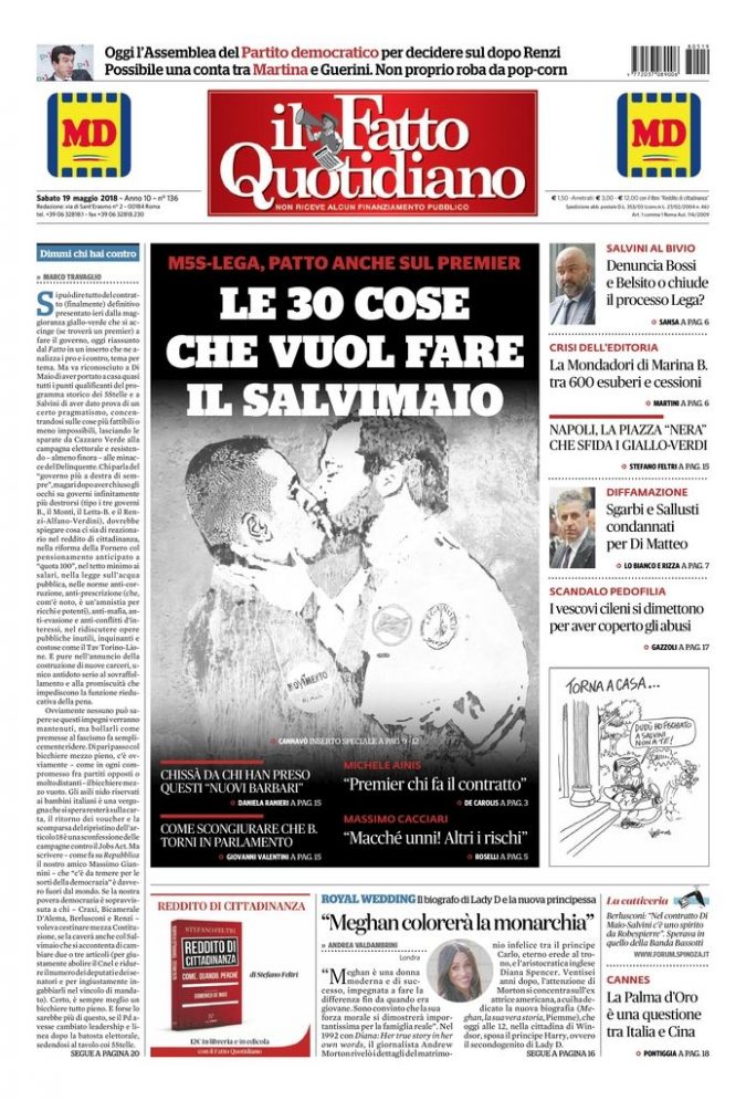 Copertina di sabato 19 maggio 2018