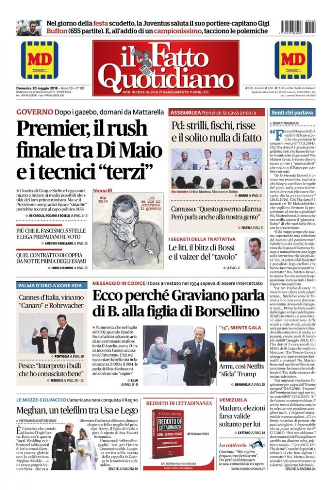 Copertina di domenica 20 maggio 2018