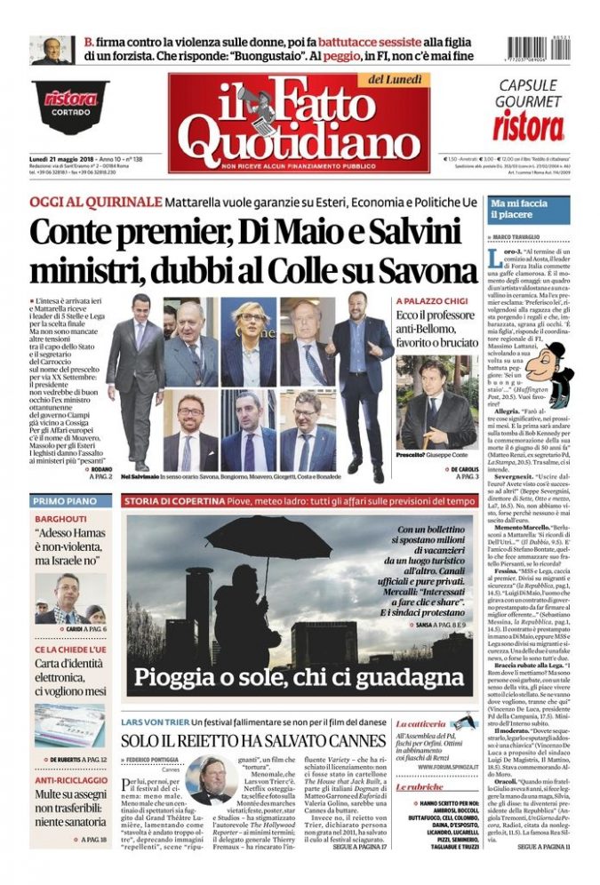 Copertina di lunedì 21 maggio 2018