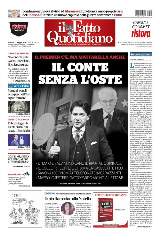 Copertina di martedì 22 maggio 2018