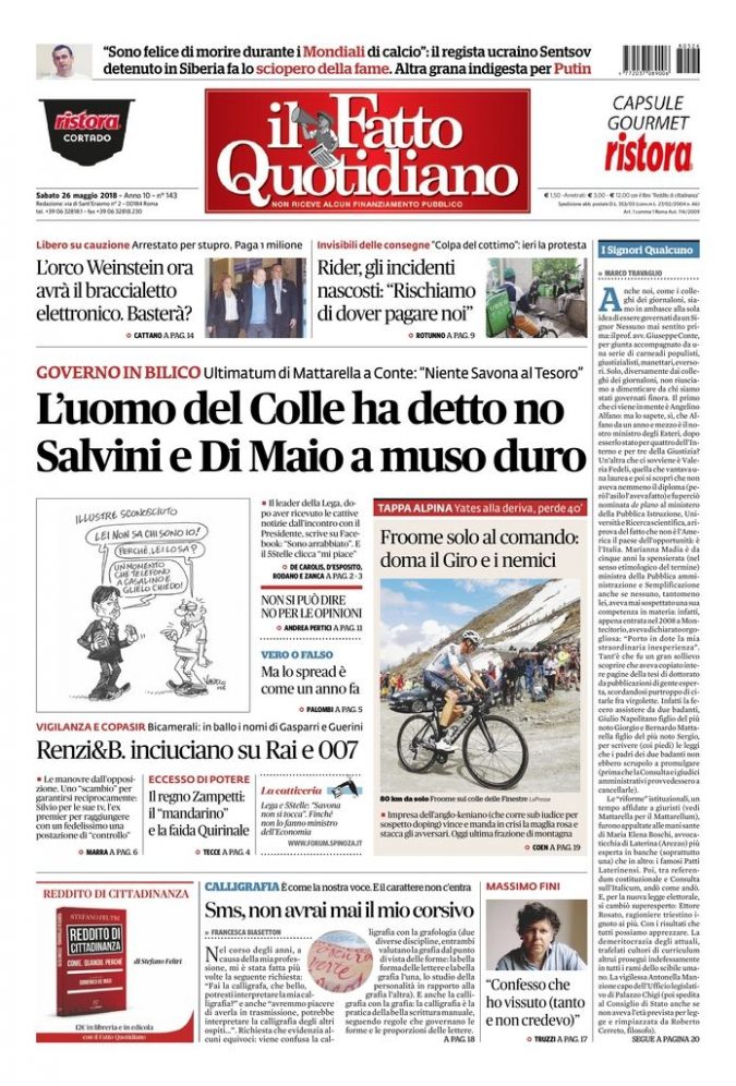 Copertina di sabato 26 maggio 2018