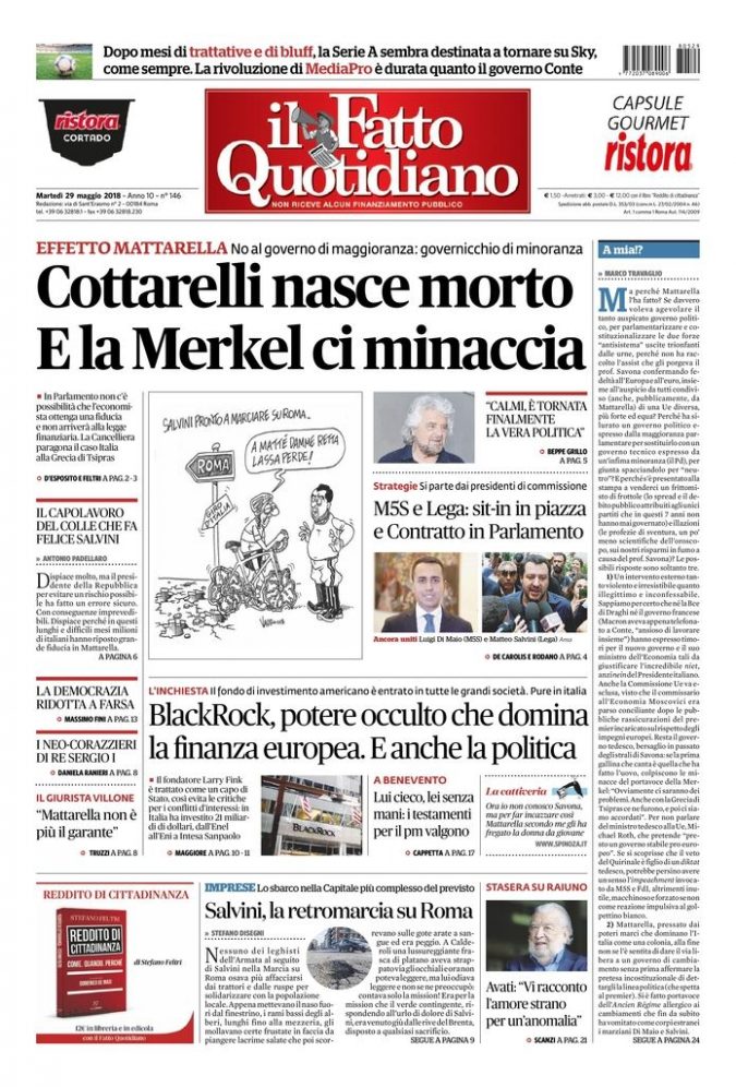 Copertina di martedì 29 maggio 2018