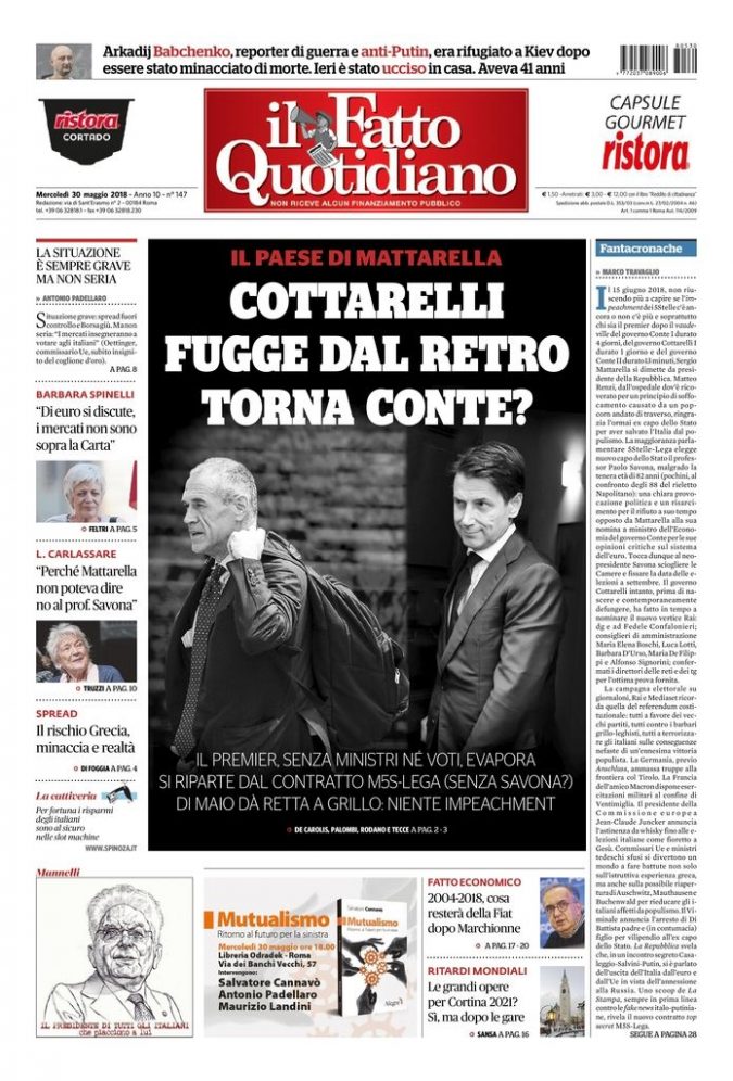 Copertina di mercoledì 30 maggio 2018