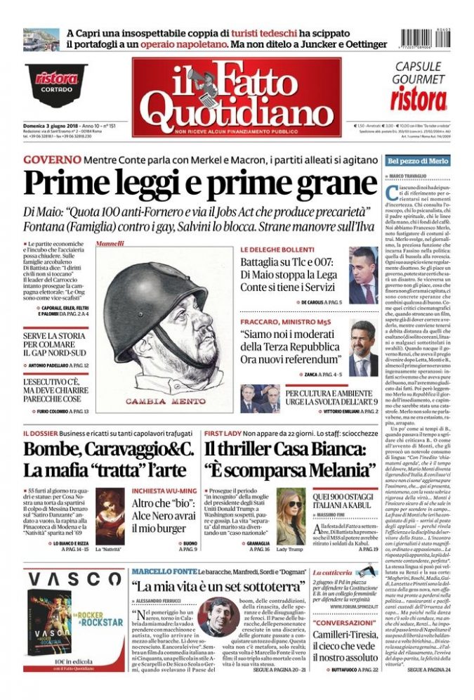 Copertina di domenica 3 giugno 2018