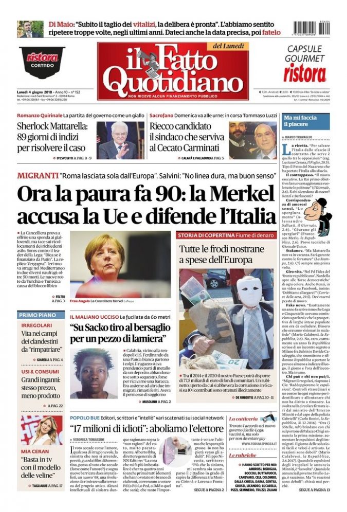 Copertina di lunedì 4 giugno 2018