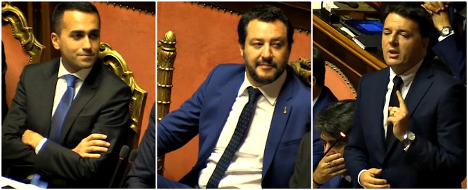 Copertina di Governo, Renzi a Salvini: “Attento alle parole, ora è ministro”. Smorfie e complicità tra Di Maio e il leader della Lega