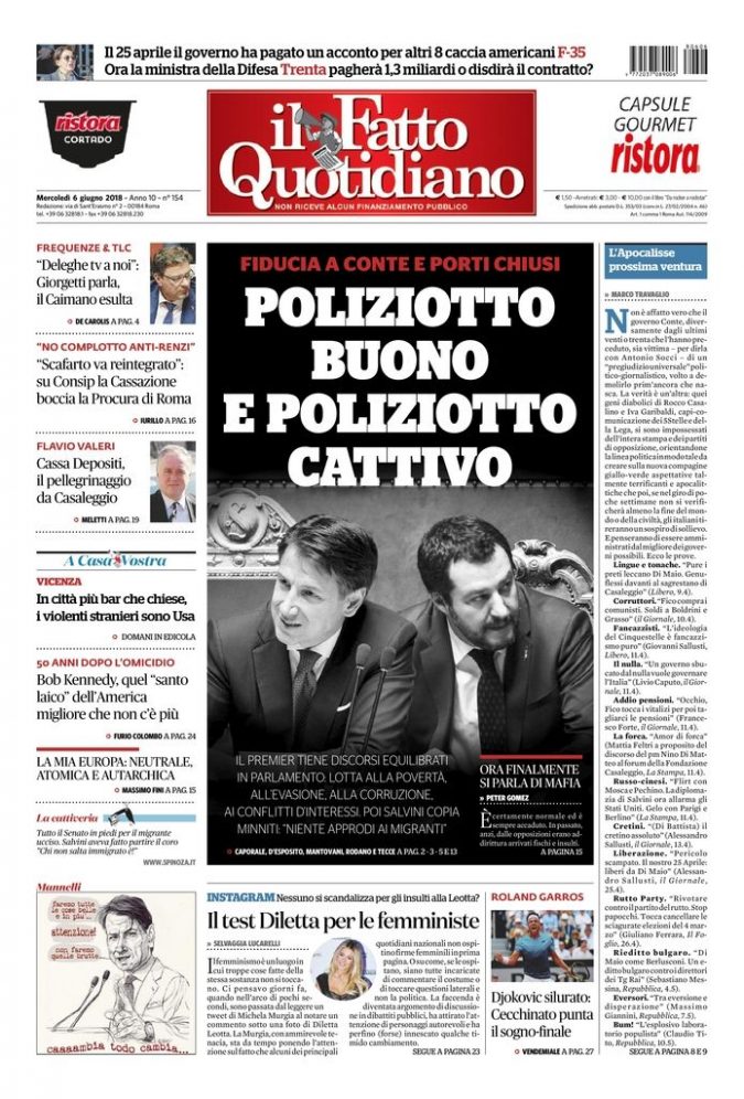Copertina de Il Fatto Quotidiano di Mer 6 Giugno 2018