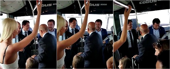 Copertina di Governo, Salvini sulla navetta di Fiumicino diretto a Brindisi: gruppo di viaggiatori lo vede e intona Bella Ciao