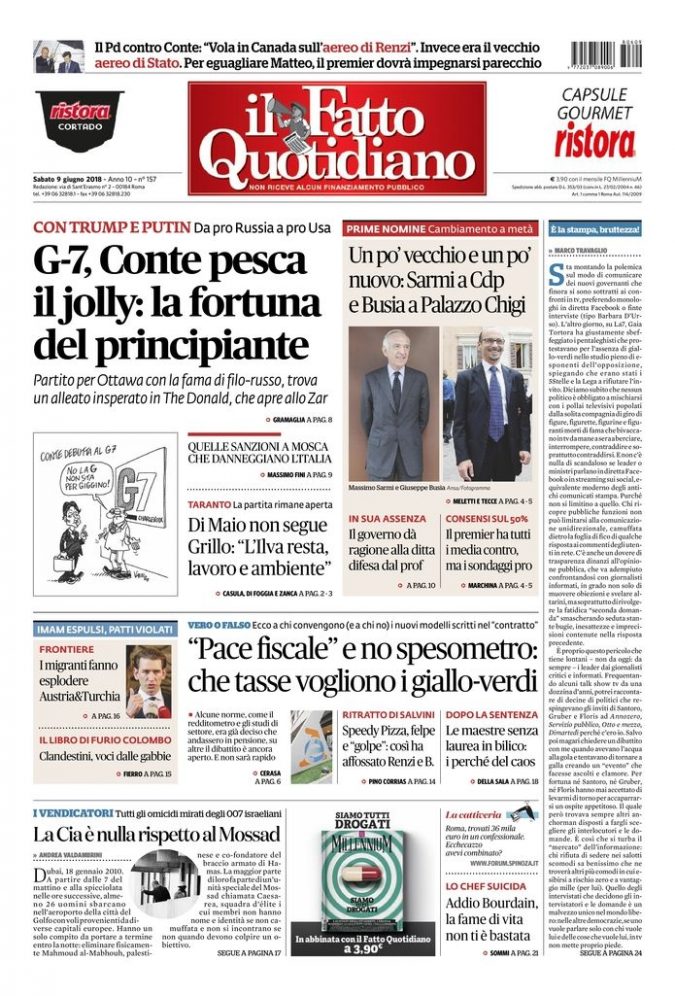 Copertina di sabato 9 giugno 2018