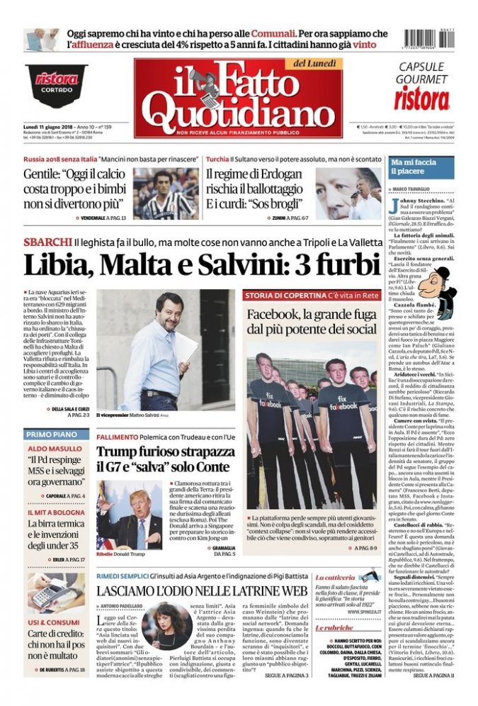 Copertina di lunedì 11 giugno 2018