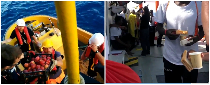 Copertina di Aquarius, arrivano i rifornimenti sulla nave: i volontari servono il pranzo ai migranti