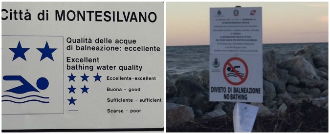 Copertina di Montesilvano, il paradosso dei due cartelli in spiaggia: uno certifica la purezza del mare. Ma l’altro vieta la balneazione