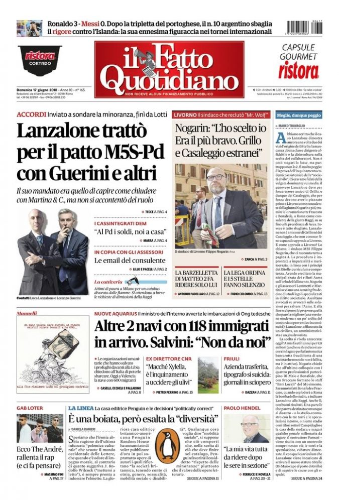 Copertina di domenica 17 giugno 2018