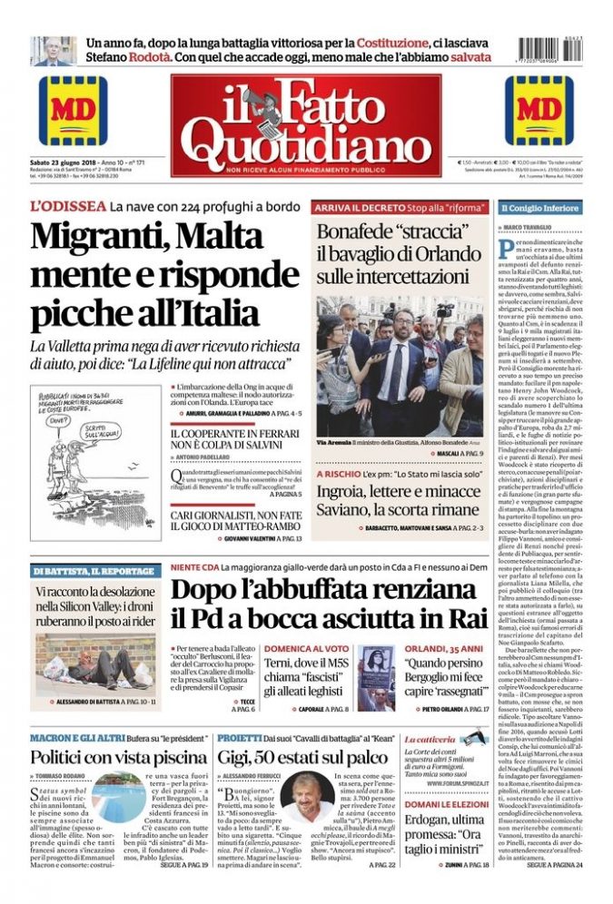 Copertina di sabato 23 giugno 2018